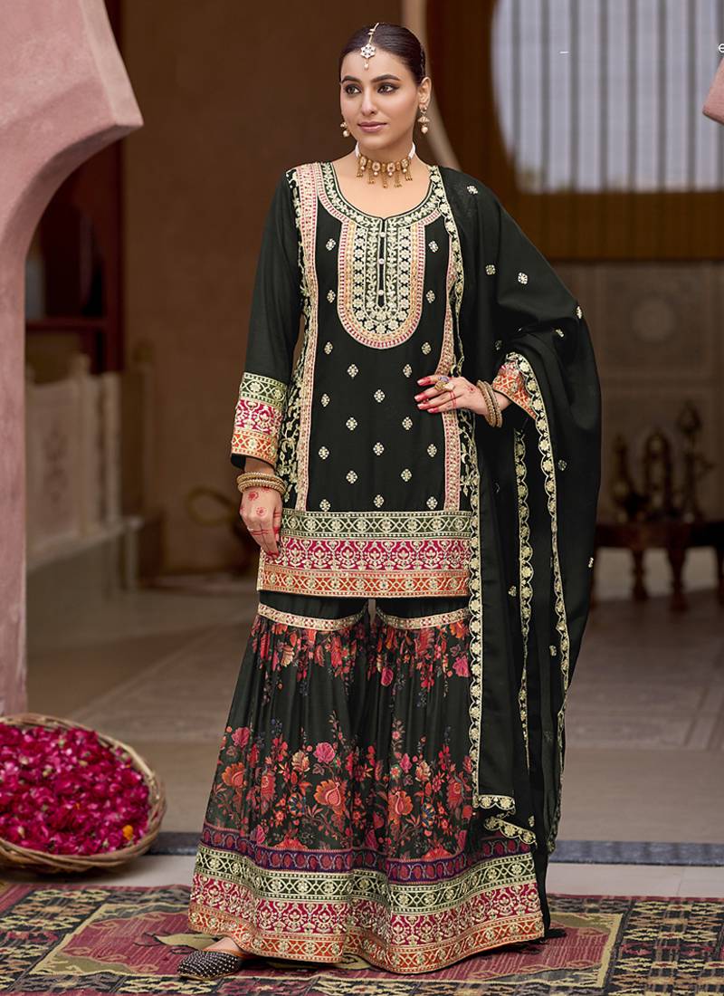 Black faux chinon embroidered readymade sharara suit