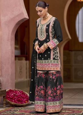 Black faux chinon embroidered readymade sharara suit 2