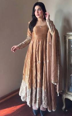 Gold colour  heavy embroidered anarkali kurta set with designer cutwork dupatta & pant 3
