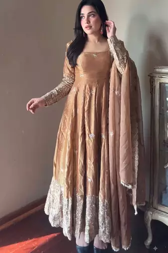 Gold colour  heavy embroidered anarkali kurta set with designer cutwork dupatta & pant