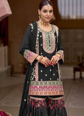 Black faux chinon embroidered readymade sharara suit 3