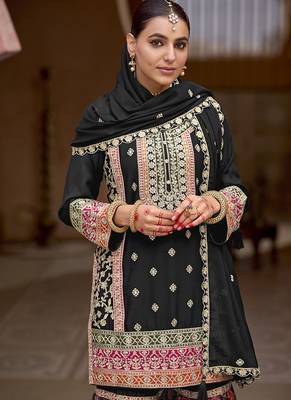 Black faux chinon embroidered readymade sharara suit 4