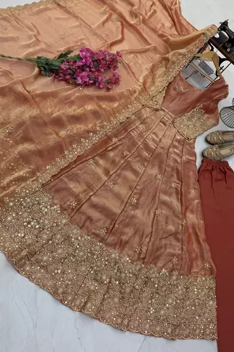 Gold colour  heavy embroidered anarkali kurta set with designer cutwork dupatta & pant