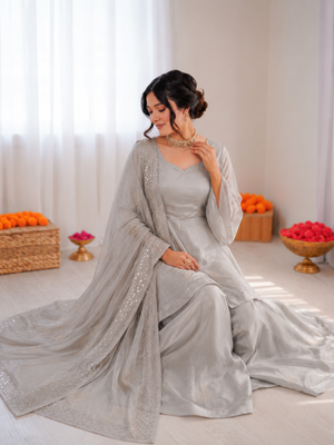 Light grey art silk foil work designer plazzo suit 2