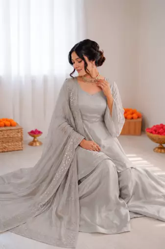 Light grey art silk foil work designer plazzo suit
