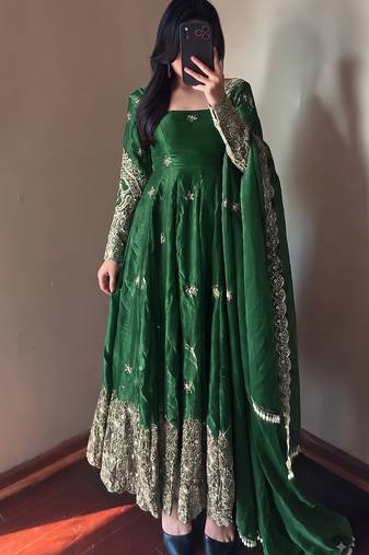 Green colour  heavy embroidered anarkali kurta set with designer cutwork dupatta & pant