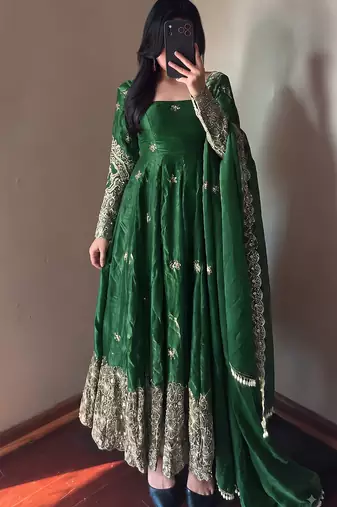 Green colour  heavy embroidered anarkali kurta set with designer cutwork dupatta & pant