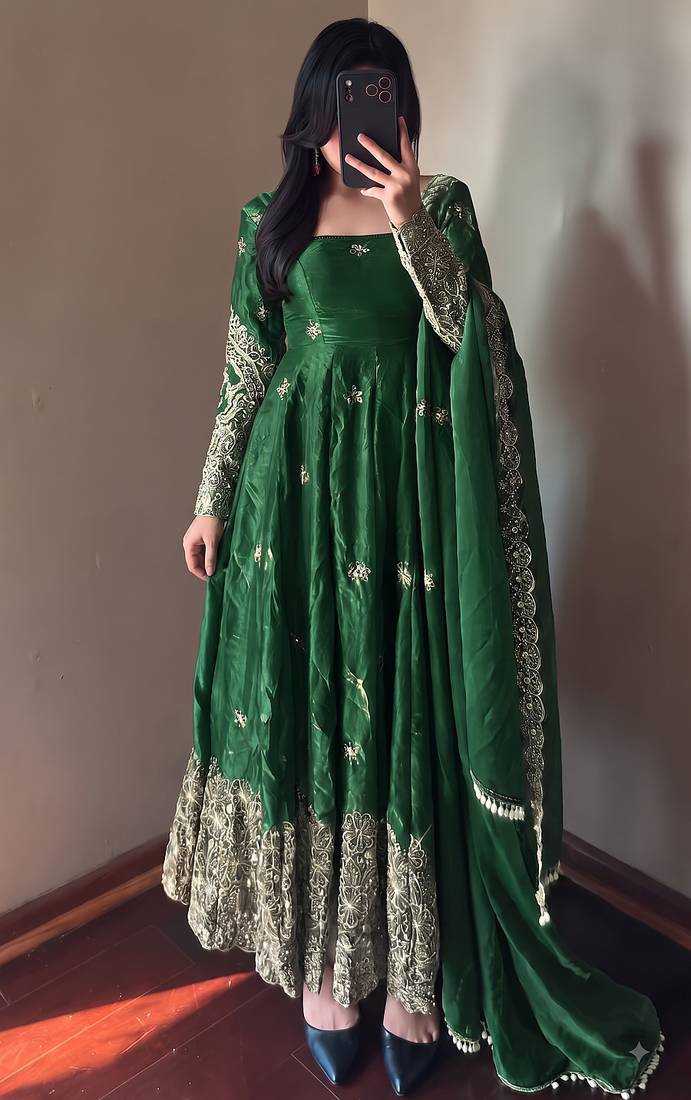 Green colour  heavy embroidered anarkali kurta set with designer cutwork dupatta & pant