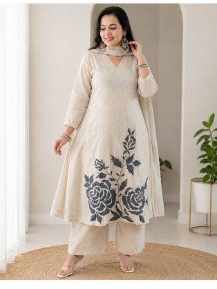 Off White Embroidered Cotton Kurta and Pant Set with Dupatta 1