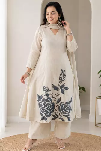 Off White Embroidered Cotton Kurta and Pant Set with Dupatta