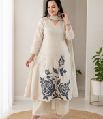 Off White Embroidered Cotton Kurta and Pant Set with Dupatta