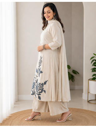 Off White Embroidered Cotton Kurta and Pant Set with Dupatta 2