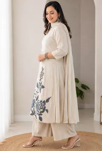 Off White Embroidered Cotton Kurta and Pant Set with Dupatta