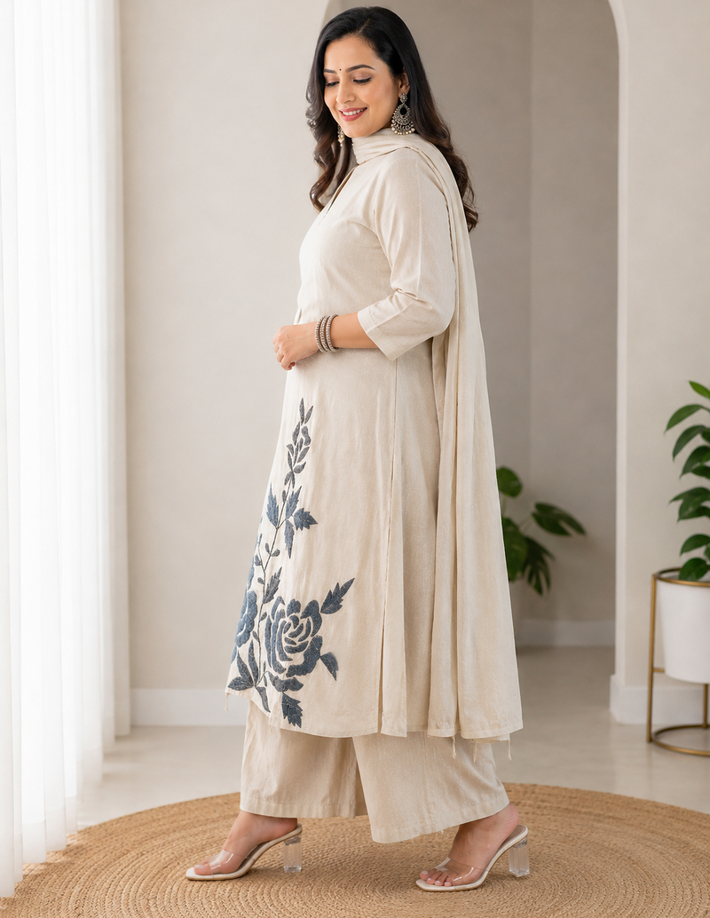 Off White Embroidered Cotton Kurta and Pant Set with Dupatta