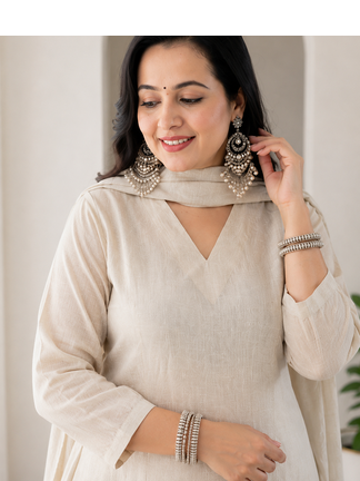 Off White Embroidered Cotton Kurta and Pant Set with Dupatta 3