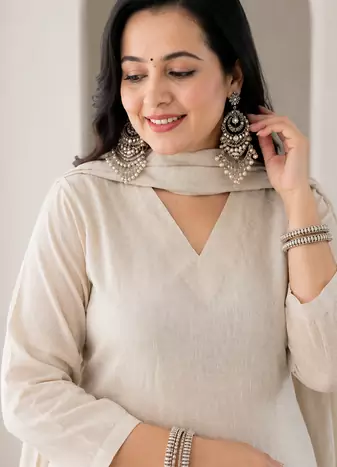 Off White Embroidered Cotton Kurta and Pant Set with Dupatta