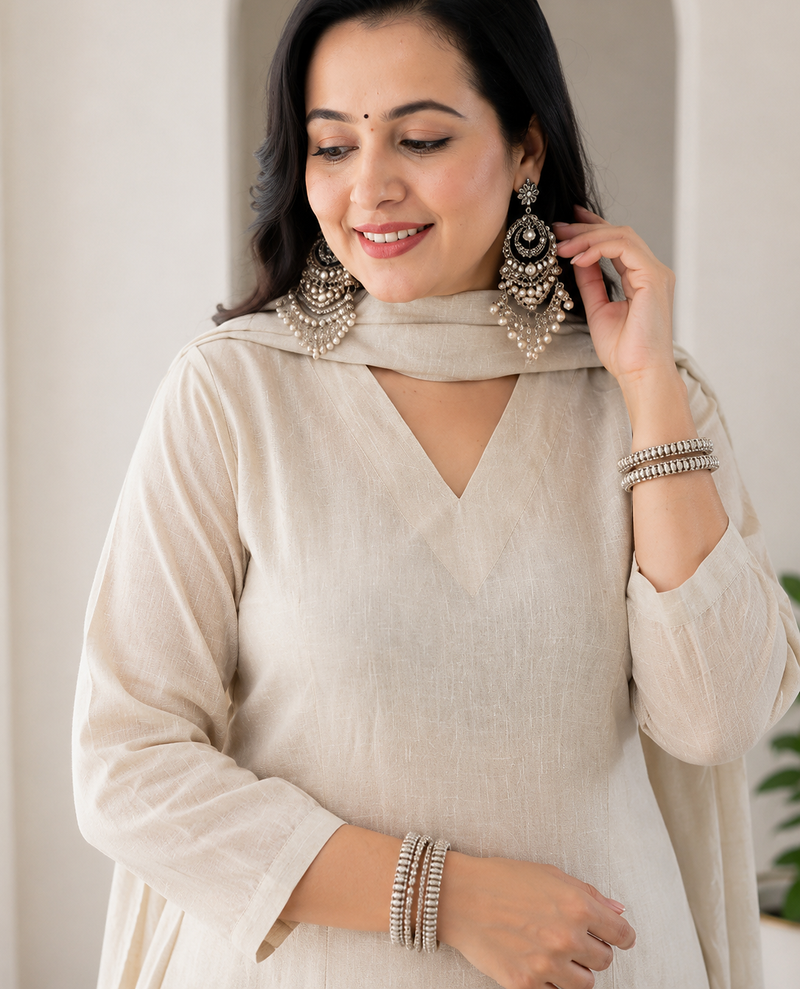 Off White Embroidered Cotton Kurta and Pant Set with Dupatta