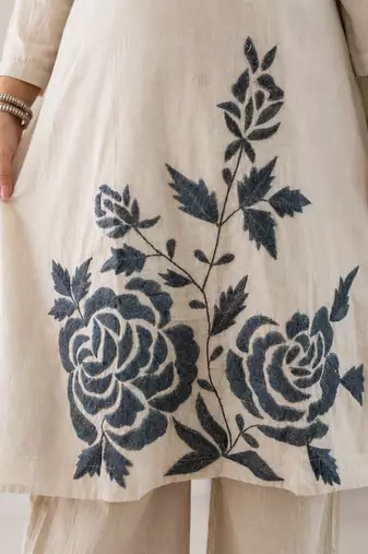 Off White Embroidered Cotton Kurta and Pant Set with Dupatta