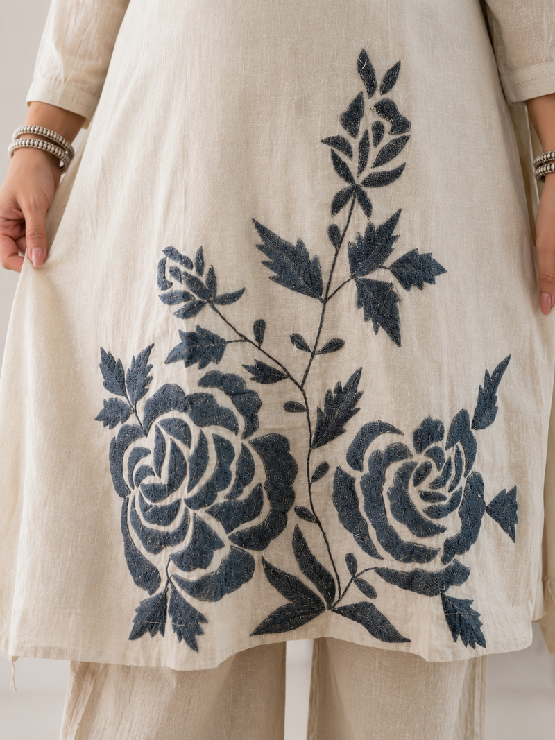 Off White Embroidered Cotton Kurta and Pant Set with Dupatta