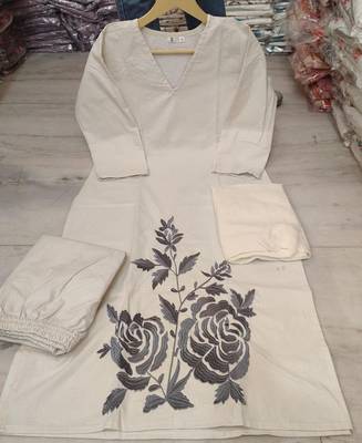 Off White Embroidered Cotton Kurta and Pant Set with Dupatta 5