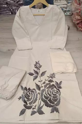 Off White Embroidered Cotton Kurta and Pant Set with Dupatta