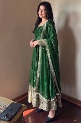 Green colour  heavy embroidered anarkali kurta set with designer cutwork dupatta & pant 2