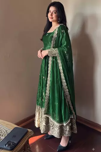 Green colour  heavy embroidered anarkali kurta set with designer cutwork dupatta & pant