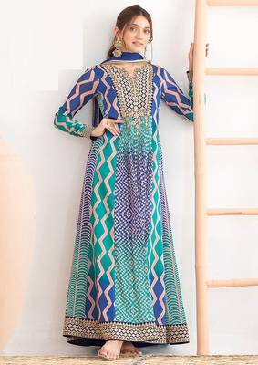 Blue & turquoise faux chinnon anarkali kurta with dupatta 1