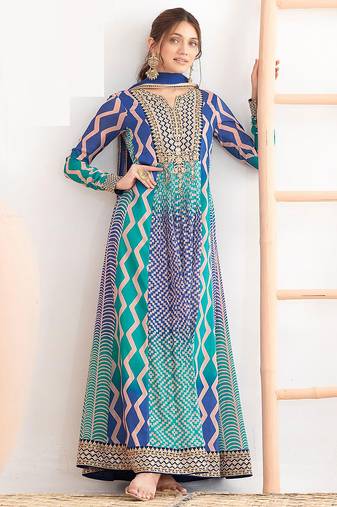 Blue & turquoise faux chinnon anarkali kurta with dupatta