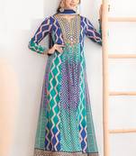 Blue & turquoise faux chinnon anarkali kurta with dupatta