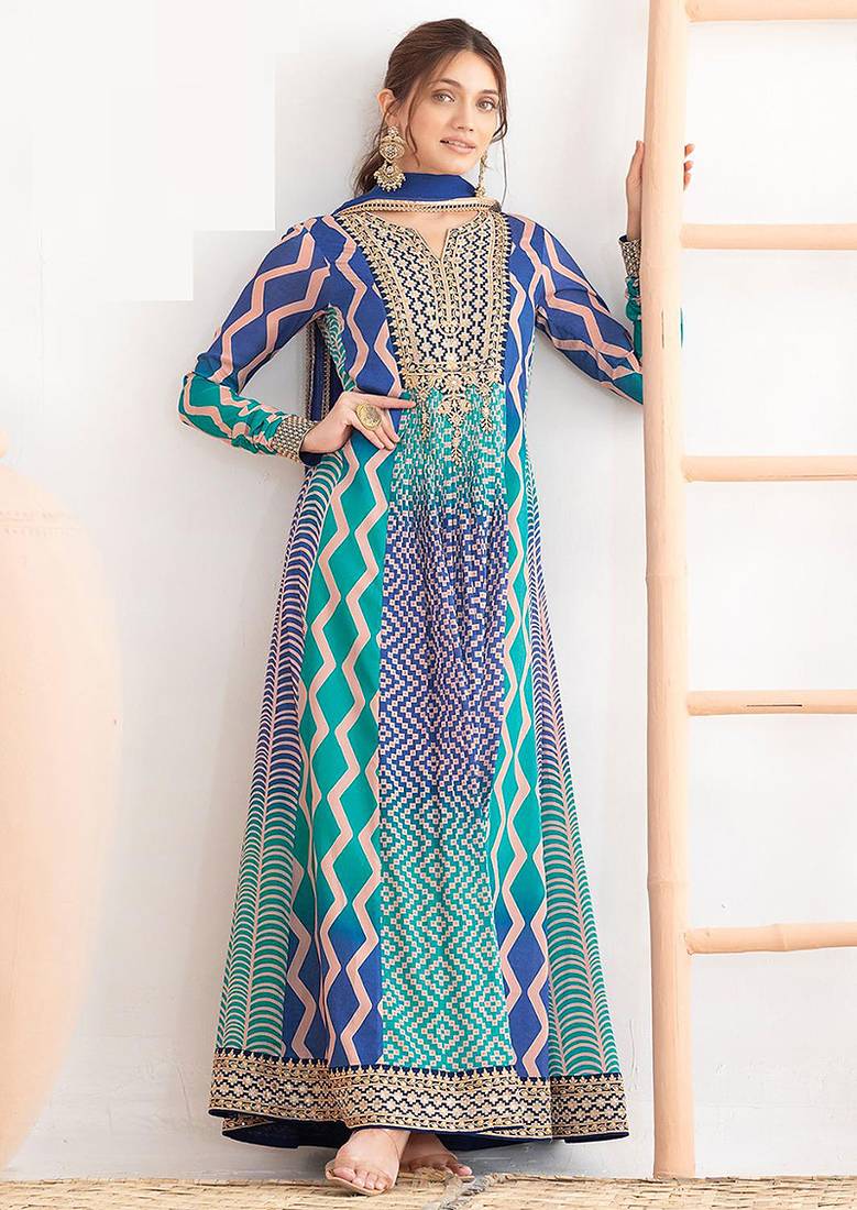 Blue & turquoise faux chinnon anarkali kurta with dupatta