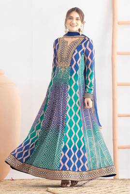 Blue & turquoise faux chinnon anarkali kurta with dupatta 2