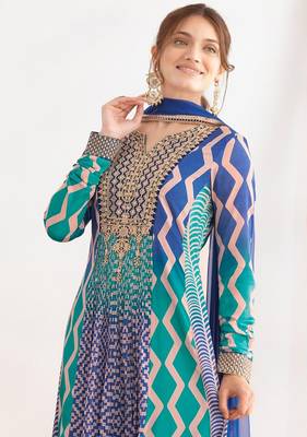 Blue & turquoise faux chinnon anarkali kurta with dupatta 3