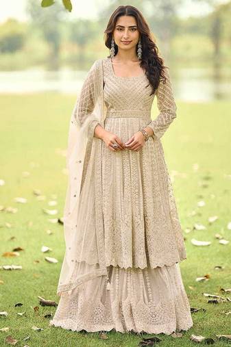 Beige net embroidered readymade anarkali dress with palazzo & dupatta