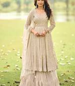 Beige net embroidered readymade anarkali dress with palazzo & dupatta