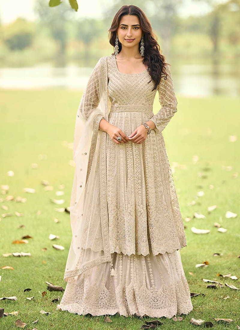 Beige net embroidered readymade anarkali dress with palazzo & dupatta