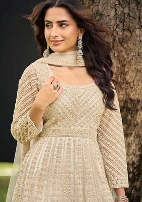 Beige net embroidered readymade anarkali dress with palazzo & dupatta 2