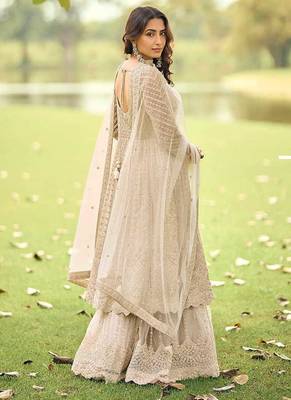 Beige net embroidered readymade anarkali dress with palazzo & dupatta 3
