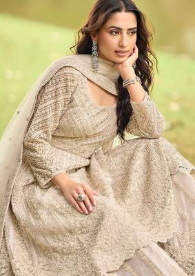 Beige net embroidered readymade anarkali dress with palazzo & dupatta 4