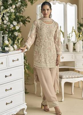 Light beige faux georgette embroidered readymade straight pant suit 1