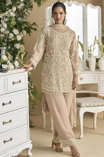 Light beige faux georgette embroidered readymade straight pant suit