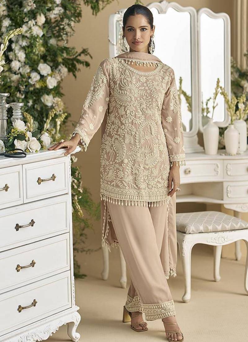 Light beige faux georgette embroidered readymade straight pant suit