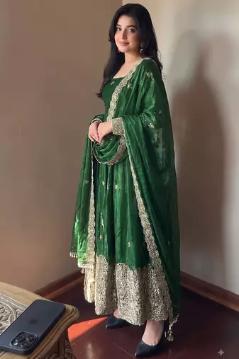 Green colour  heavy embroidered anarkali kurta set with designer cutwork dupatta & pant