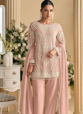 Light pink faux georgette embroidered readymade straight pant suit 2