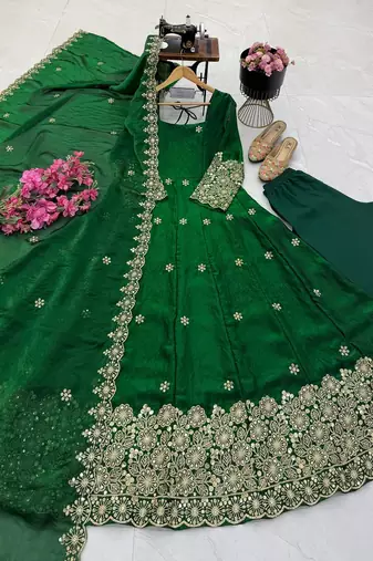 Green colour  heavy embroidered anarkali kurta set with designer cutwork dupatta & pant