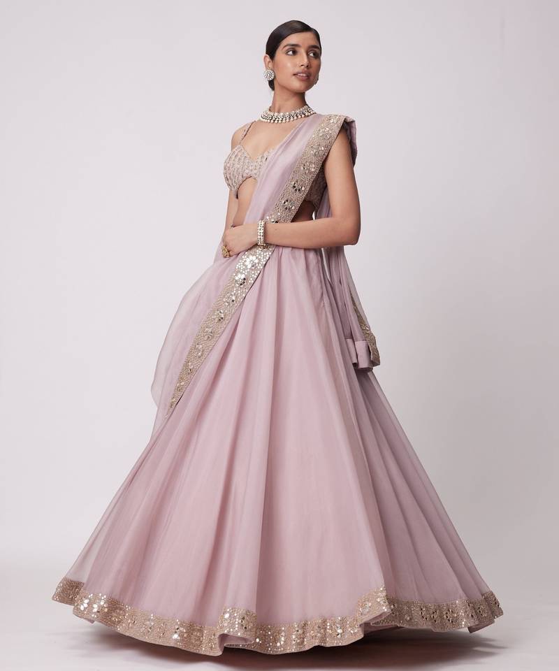 pink organza lehenga set
