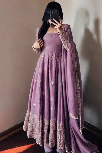 Lavendar colour  heavy embroidered anarkali kurta set with designer cutwork dupatta & pant