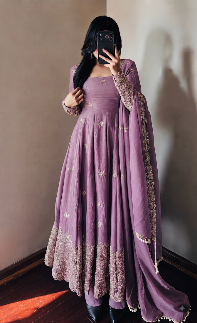 Lavendar colour  heavy embroidered anarkali kurta set with designer cutwork dupatta & pant