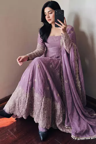 Lavendar colour  heavy embroidered anarkali kurta set with designer cutwork dupatta & pant