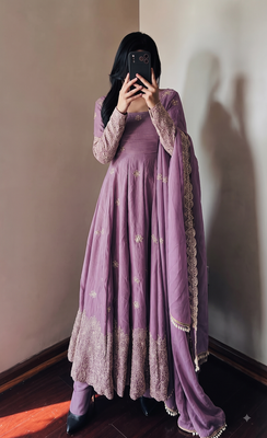 Lavendar colour  heavy embroidered anarkali kurta set with designer cutwork dupatta & pant 3